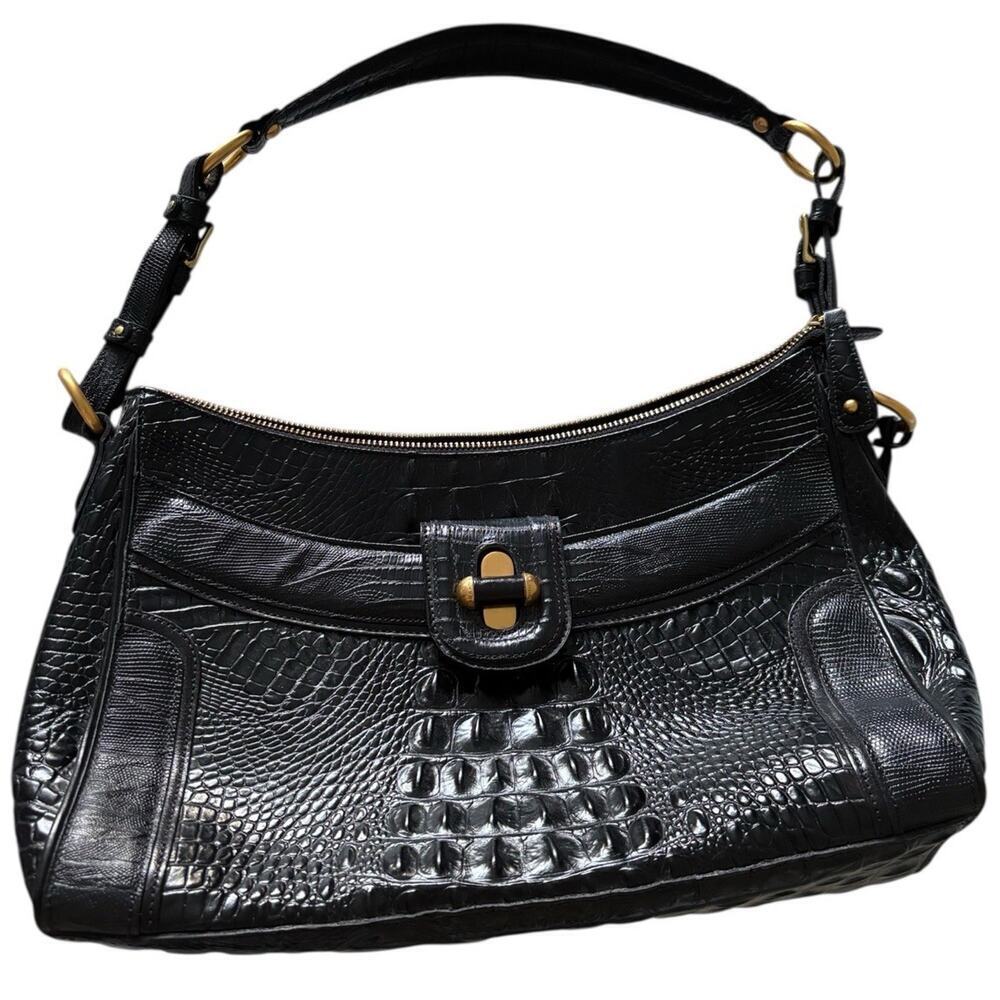 Brahmin Collection Esme Lizard Crocodile-Embossed Leather Shoulder Bag Black - Picture 1 of 15